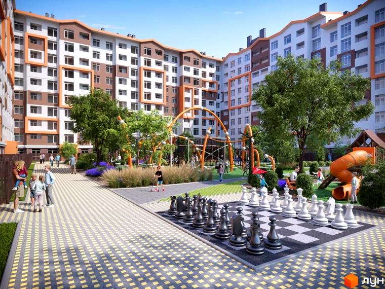 Житловий комплекс Orange Park. Сучасна архітектура новобудови з яскравими фасадами та облаштованим внутрішнім двором з дитячим майданчиком та зоною відпочинку.