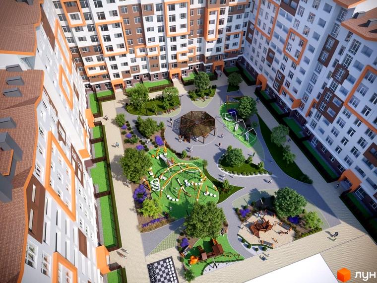 Житловий комплекс Orange Park. Вид зверху на будівлі та подвір'я з дитячими майданчиками, зонами відпочинку та озелененням.