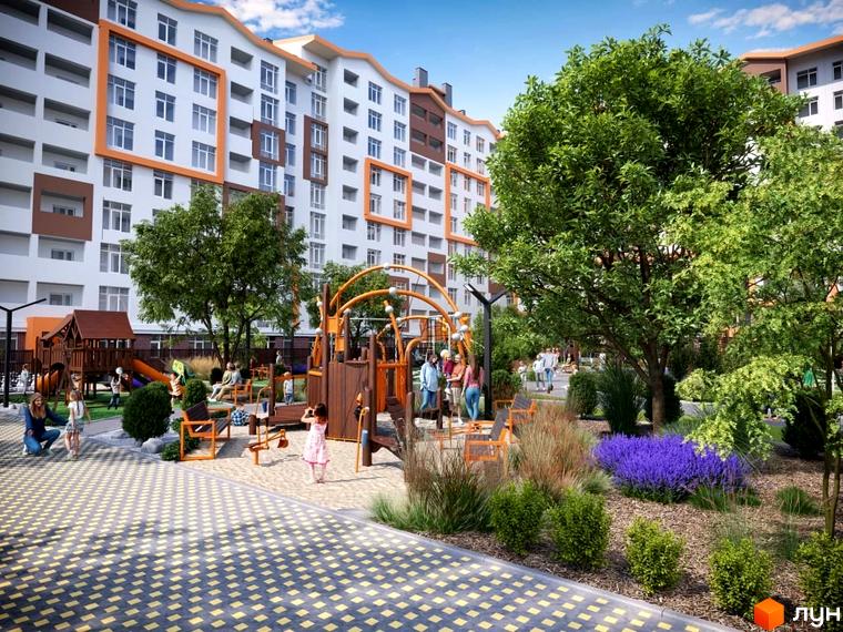 Житловий комплекс Orange Park: фасад біло-помаранчевої новобудови та дитячий майданчик з зонами відпочинку. Зелена прибудинкова територія з квітами та деревами.