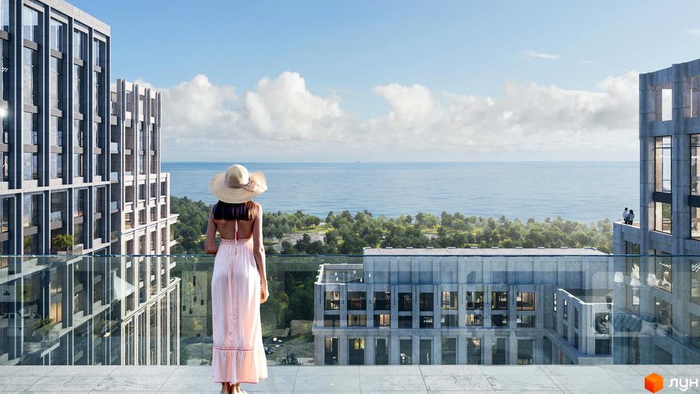 Вид з тераси на море та житловий комплекс Doma Trabotti з сучасною архітектурою та озелененням. Насолоджуйтесь панорамними видами та комфортом.