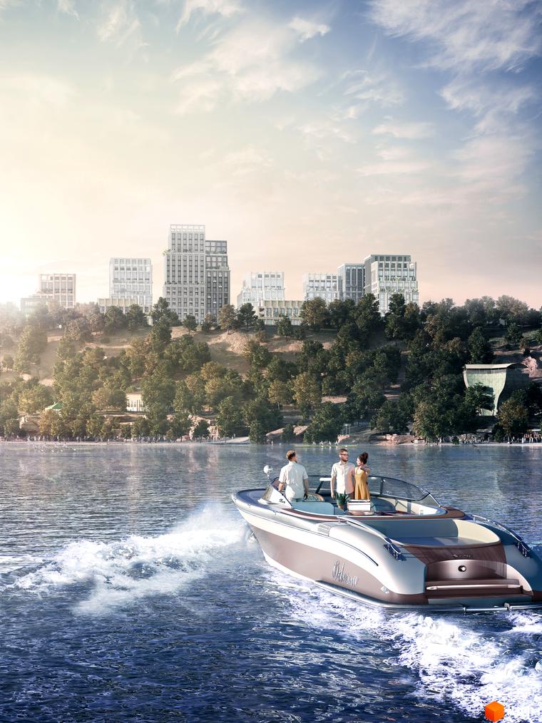 Житловий комплекс Doma Trabotti: сучасні будівлі на пагорбі над річкою з човном на передньому плані. Навколо зелені дерева та відпочиваючі на березі.