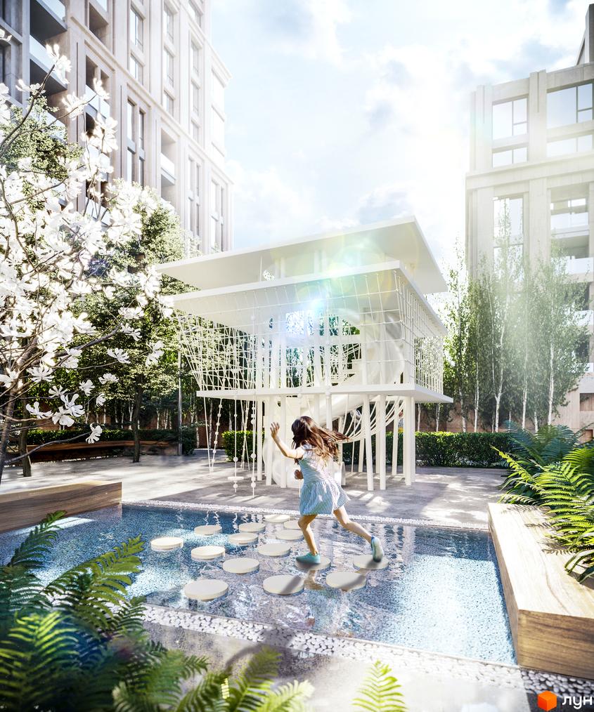 Doma Trabotti: сучасний житловий комплекс з дитячим майданчиком біля води та зеленою зоною. Архітектура новобудови в стилі мінімалізм.