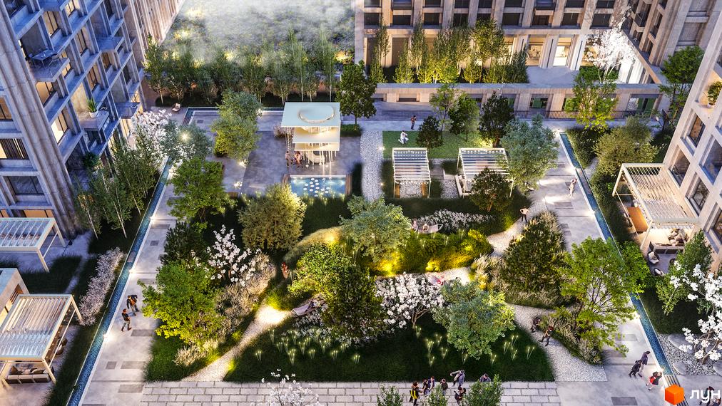 Doma Trabotti: комплекс з вишуканою архітектурою та озелененим внутрішнім двором з зонами відпочинку та фонтаном.