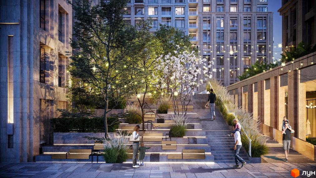 Doma Trabotti: фасади будівель та затишна прибудинкова територія зі сходами, лавками та освітленням.