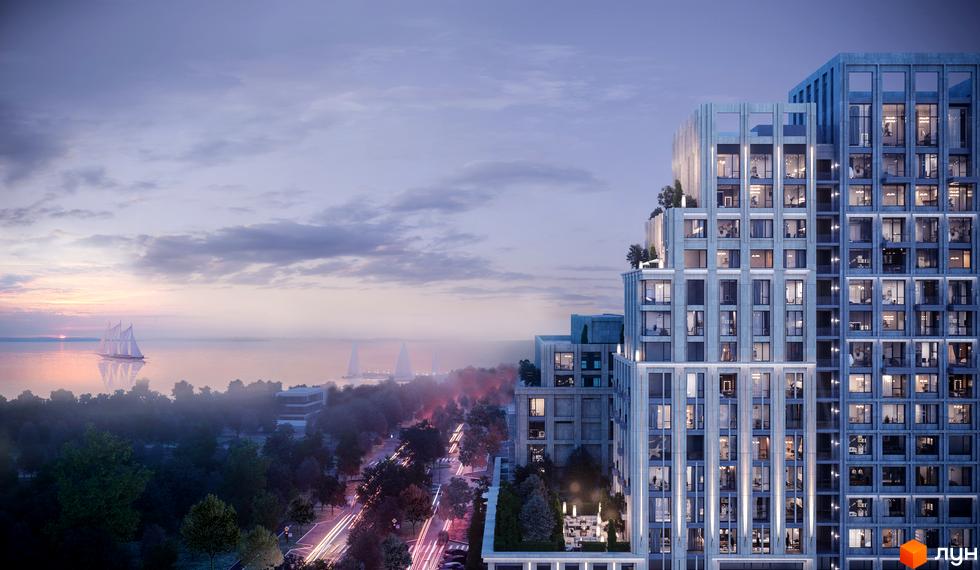 Doma Trabotti - новобудова з панорамними вікнами та терасами, що виходить на набережну з вітрильниками.