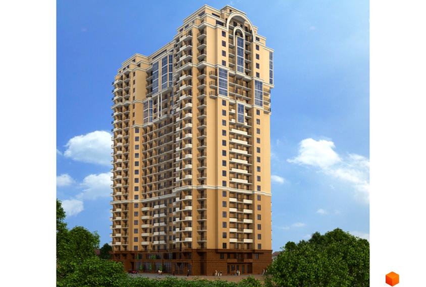 Висотна будівля ЖК Лімнос з балконами та скляними вікнами. Навколо будинку зелені дерева та блакитне небо з хмарами.