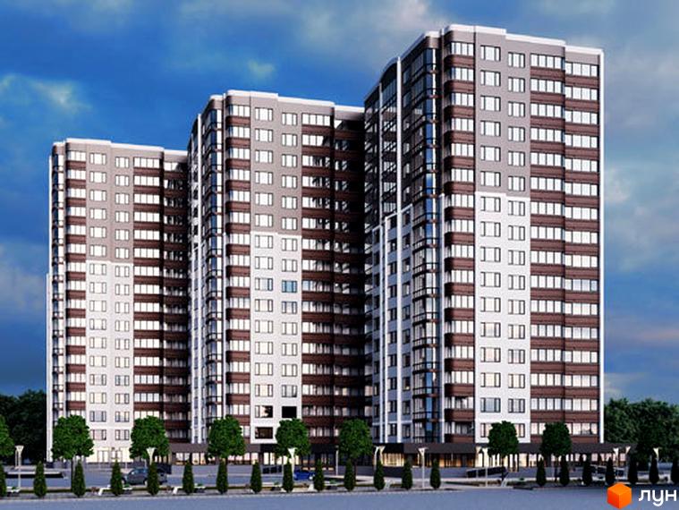 Зображення багатоповерхового будинку на вулиці Припортова (Героїв Сталінграда), 22/1. Вигляд на фасад та прибудинкову територію Новобудови.