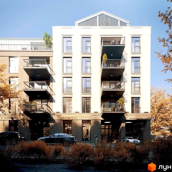 Зображення фасаду Житлового комплексу Княжий Холл з балконами та великими вікнами. На передньому плані припарковані авто.