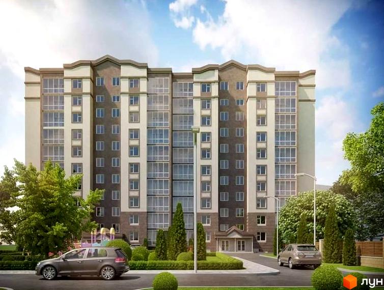 Житловий комплекс Європейський: багатоповерховий будинок зі світлими та коричневими фасадами, панорамними вікнами та балконами. Територія облаштована зеленню, доріжками та парковкою.