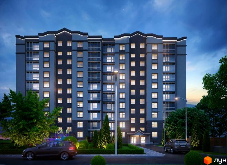 Житловий комплекс Європейський: багатоповерховий будинок з темним фасадом та освітленими вікнами. На прибудинковій території видно дерева, ліхтарі та автомобілі.
