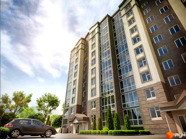 Висотна будівля Житлового комплексу Європейський з панорамними вікнами та доглянутою прибудинковою територією з зеленими насадженнями та парковкою.