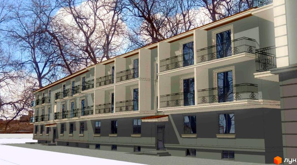 Зовнішній вигляд триповерхового будинку ЖК Будинок на Степовій з балконами та вікнами, оточеного деревами.