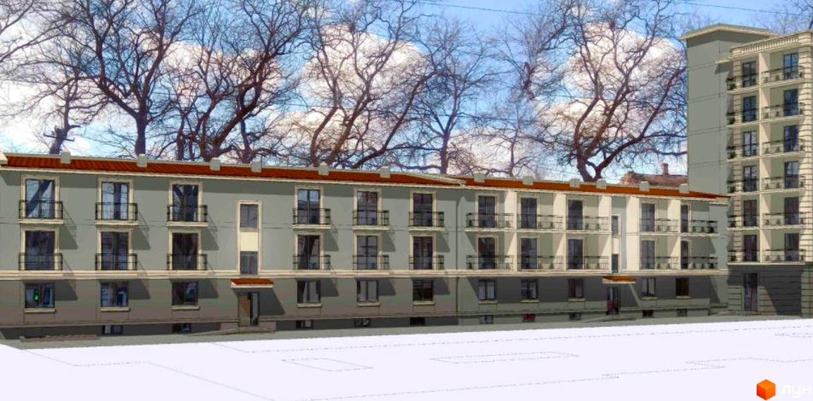 Зображення житлового комплексу Будинок на Степовій з фасадом у світлих тонах, балконами та вікнами. Навколо будівлі дерева.