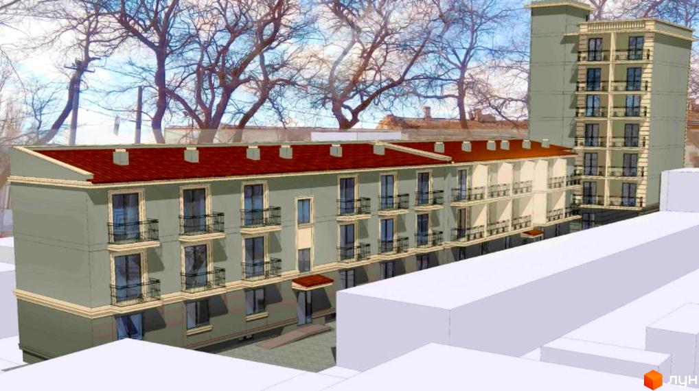 Зовнішній вигляд житлового комплексу Будинок на Степовій з червоним дахом та балконами. Навколо будівлі видно дерева без листя.