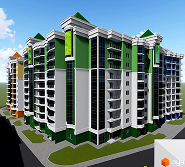 Зовнішній вигляд новобудови на вул. Глибока, 19, з яскравим фасадом та зеленими елементами. Навколо будівлі розташовані зелені зони та доглянута прибудинкова територія.