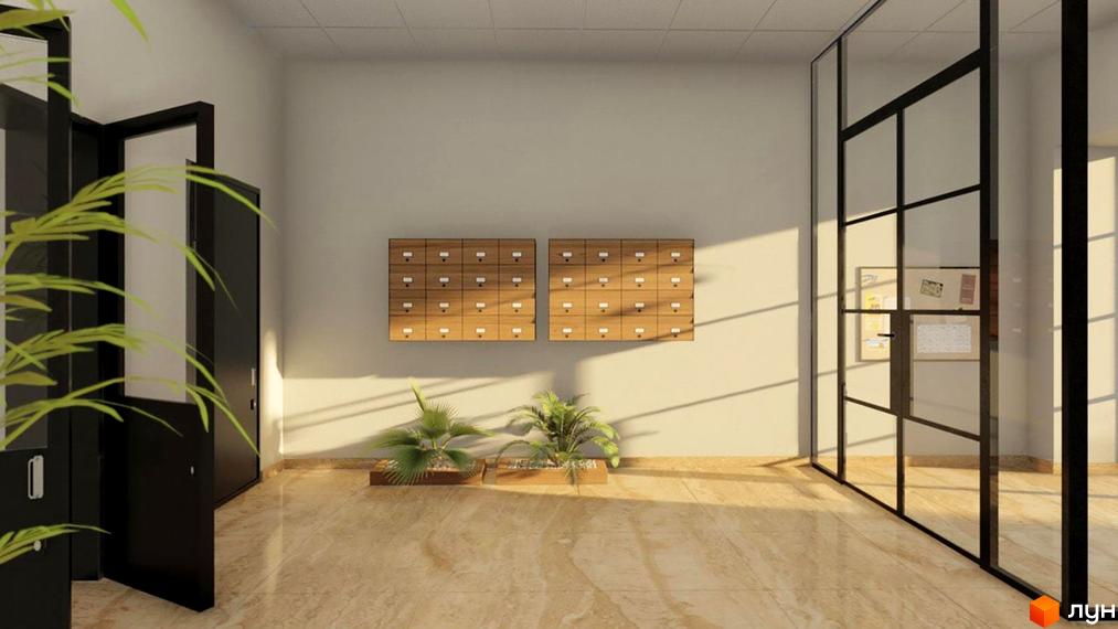Інтер'єр холу в новобудові. Світлий простір з скляними перегородками, двома дерев'яними шафами та рослинами.