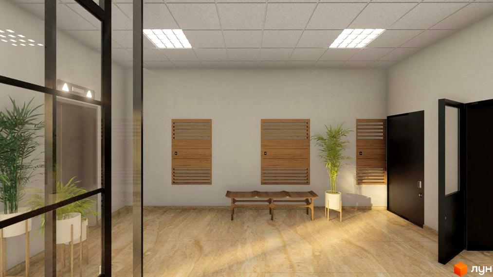 Інтер'єр холу в будинку. Світлі стіни, дерев'яні двері та лавки, рослини в горщиках. Світлий мармуровий пол.