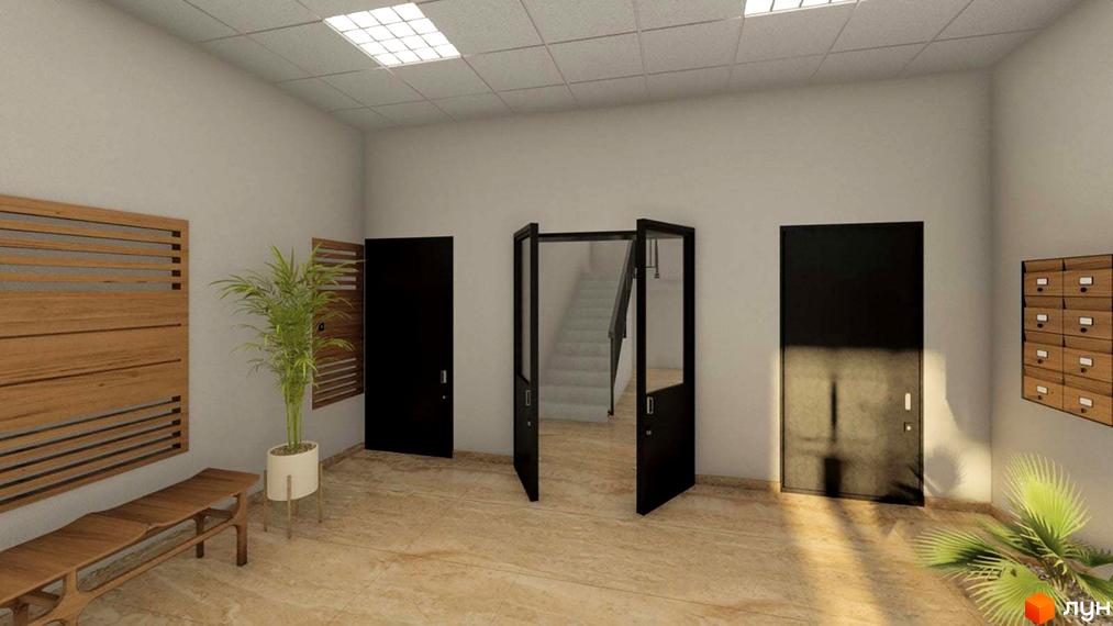 Вхідна група житлового комплексу на вул. В'ячеслава Чорновола, 30 з дверима та сходами. Всередині просторий хол з лавкою та рослиною.