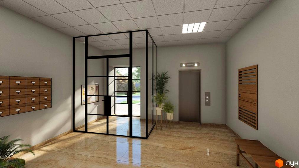 Інтер'єр холу в новобудові. Скляні двері, поштові скриньки, ліфт, рослини. Світлий простір з мармуровою підлогою.