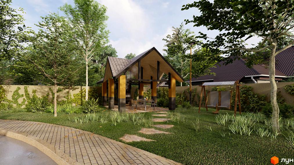 Альтанка з зоною барбекю в дворі будинку з терасою. Доглянутий газон з доріжками та гойдалка для відпочинку на території.