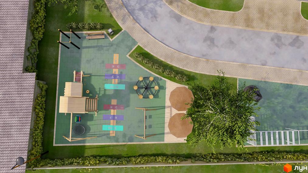 Зовнішній вигляд дитячого майданчика з елементами для гри та відпочинку на території житлового комплексу по вул. В'ячеслава Чорновола, 30.