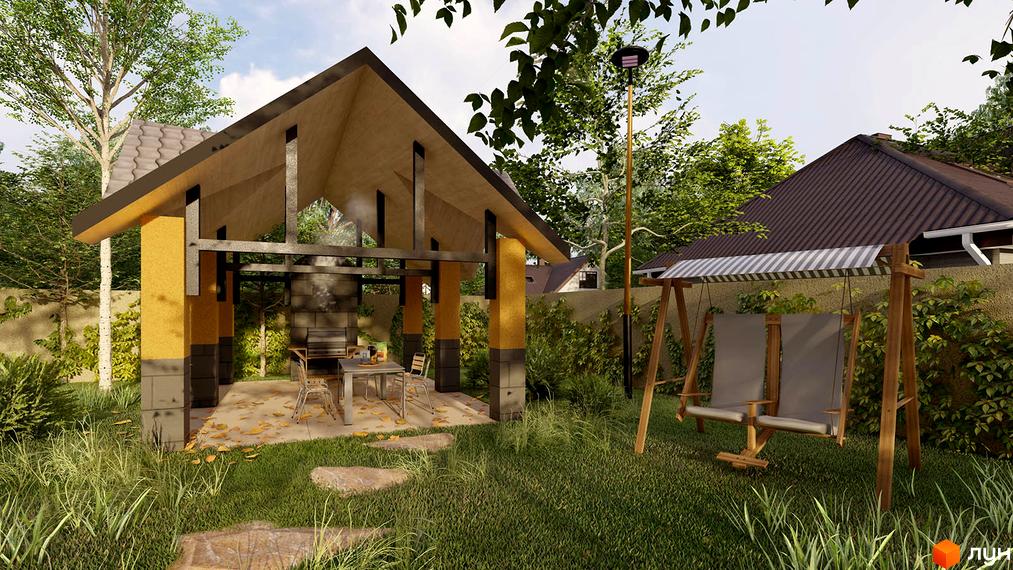 Альтанка з мангалом та гойдалка на території будинку. На задньому плані видно котедж з коричневою черепицею та зелені насадження.