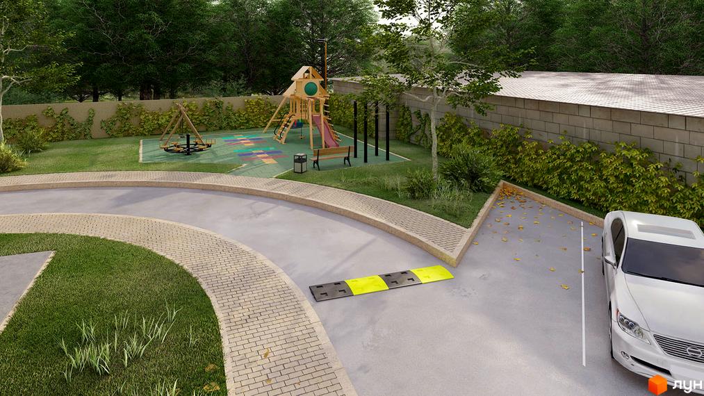 Дитячий майданчик та парковка біля житлового комплексу на вул. В'ячеслава Чорновола, 30. Зелена прибудинкова територія з деревами та зоною відпочинку.