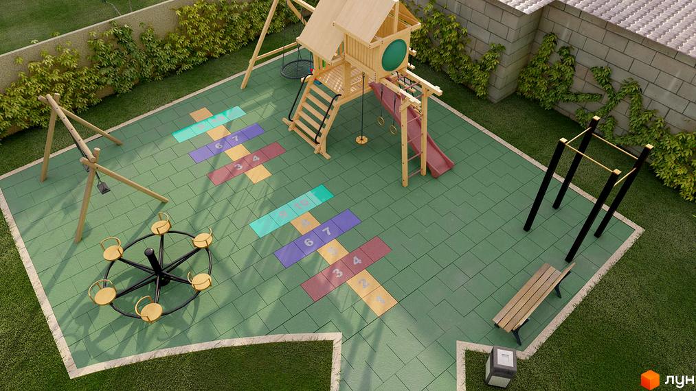 Дитячий майданчик з ігровим комплексом, гойдалками та каруселлю на території житлового комплексу на вул. В'ячеслава Чорновола, 30.