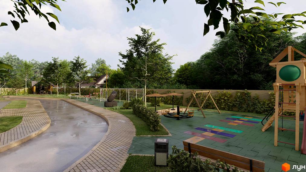 Дитячий майданчик та зона відпочинку біля житлового комплексу на вул. В'ячеслава Чорновола, 30. Зелена територія з ігровими елементами та місцями для дозвілля.