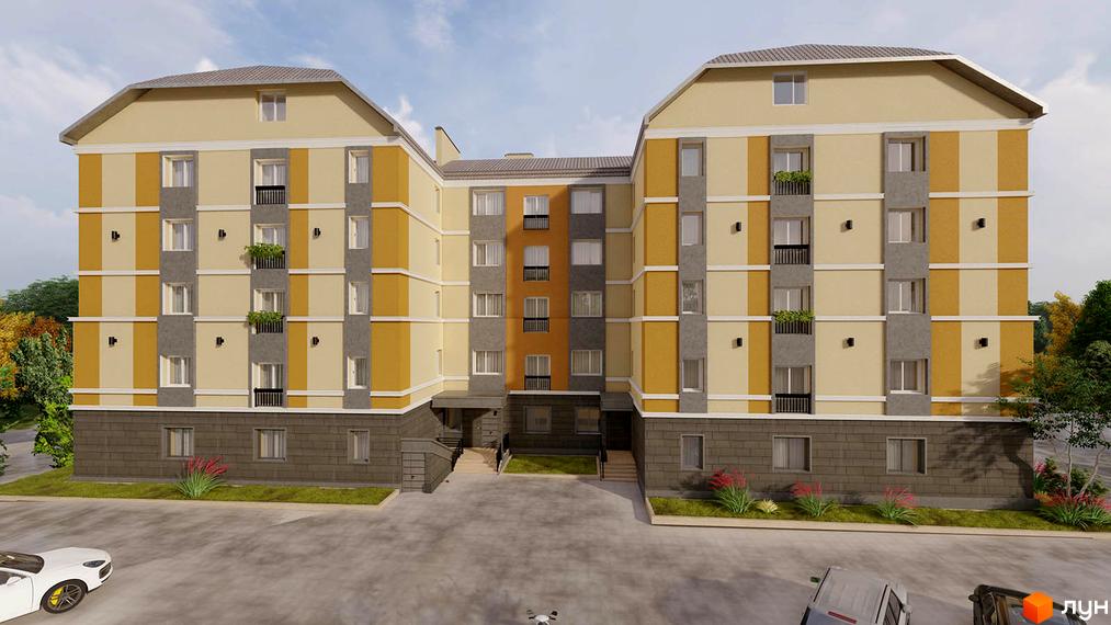 Фасад новобудови на вул. В'ячеслава Чорновола, 30, з сірими та жовтими елементами, балконами та вікнами. Прибудинкова територія з паркуванням та зеленими насадженнями.