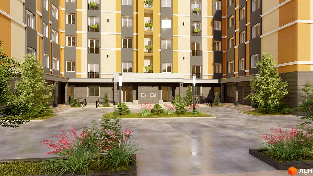 Фасад житлового комплексу на вул. В'ячеслава Чорновола, 30, з сірими та жовтими елементами, та доглянутою прибудинковою територією з деревами та квітами.