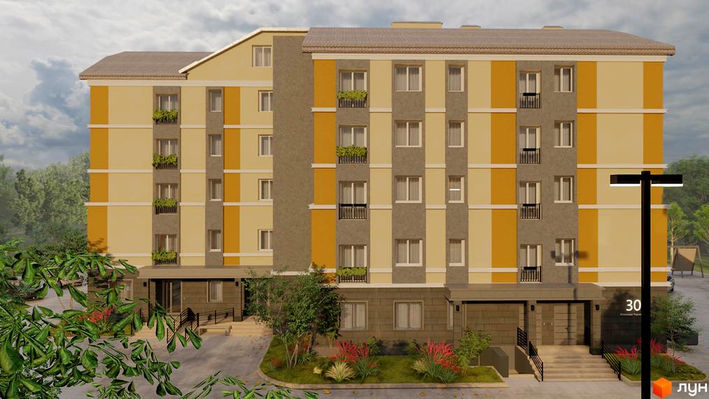 Зображення фасаду багатоповерхового будинку. Житловий комплекс по вул. В'ячеслава Чорновола, 30 з озелененням на прибудинковій території.