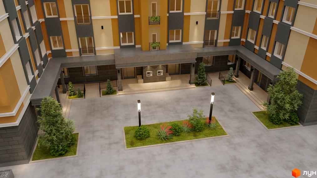 Зображення фасаду будинку житлового комплексу з великими вікнами та балконами. На прибудинковій території висаджені дерева та кущі, є вуличні ліхтарі.