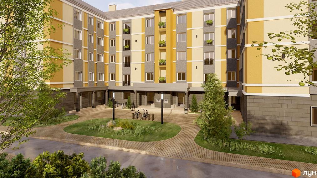 Зображення фасаду будинку Житловий комплекс по вул. В'ячеслава Чорновола, 30. На передньому плані доглянута прибудинкова територія з рослинами та доріжками.