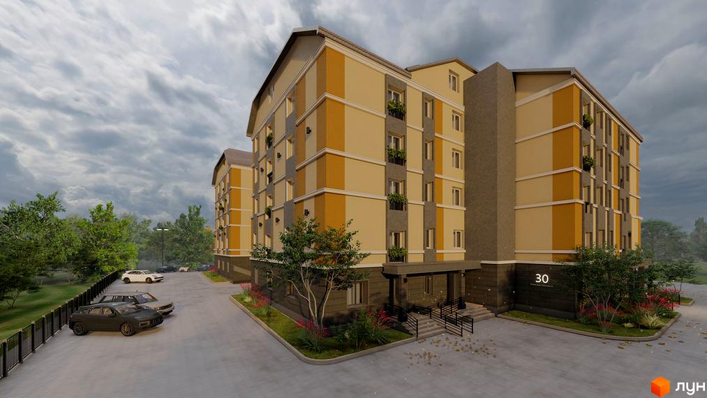 Зовнішній вигляд новобудови на вул. В'ячеслава Чорновола, 30, з автомобілями на парковці та зеленими насадженнями.