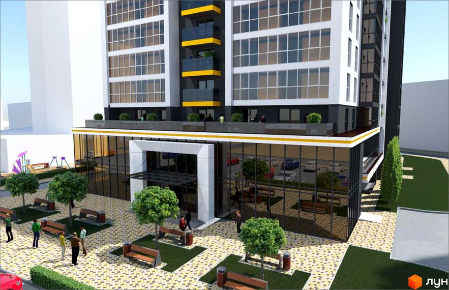 Зовнішній вигляд новобудови ЖК Craft House з великими вікнами та балконами. Прибудинкова територія з деревами, лавками та дитячим майданчиком.