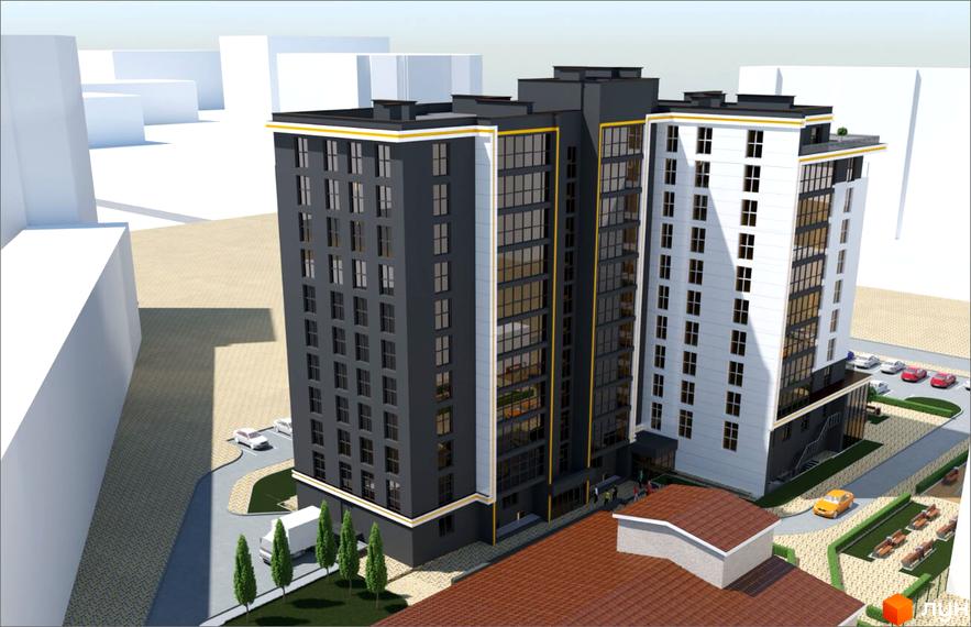 Будівельний проєкт Craft House з темними та світлими фасадами, великою кількістю вікон та прибудинковою територією з парковкою та зеленими насадженнями.