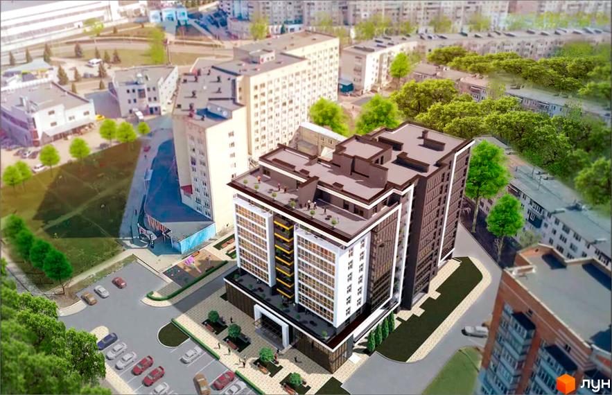 Зовнішній вигляд новобудови ЖК Craft House з багатою прибудинковою територією, що включає парковку та зелені зони. Огляд житлового комплексу з висоти пташиного польоту.