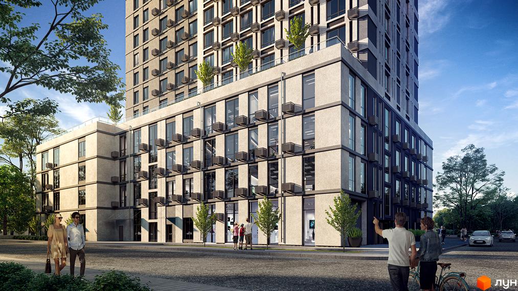 Житловий комплекс Urban One Naukova Apartments - це сучасна новобудова з великою кількістю вікон та балконів, оточена зеленню та міською інфраструктурою.