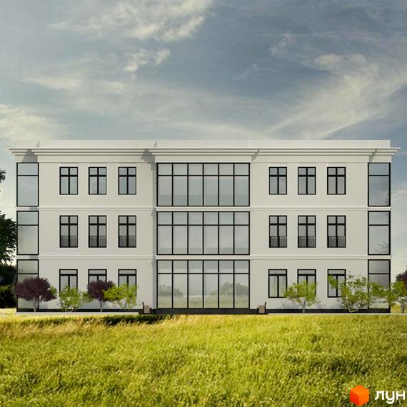 Клубний будинок Crystal House - триповерхова будівля з великою кількістю вікон, розташована на фоні зеленої галявини та хмарного неба.