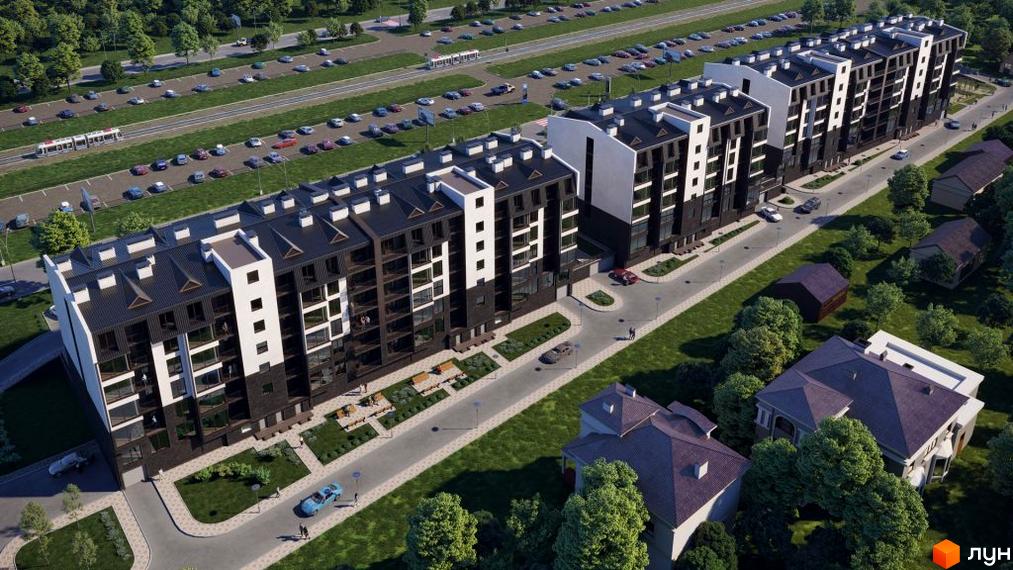 Житловий комплекс Q-smart з темними фасадами та білими акцентами. Прибудинкова територія включає дороги, зелені насадження та дитячі майданчики.