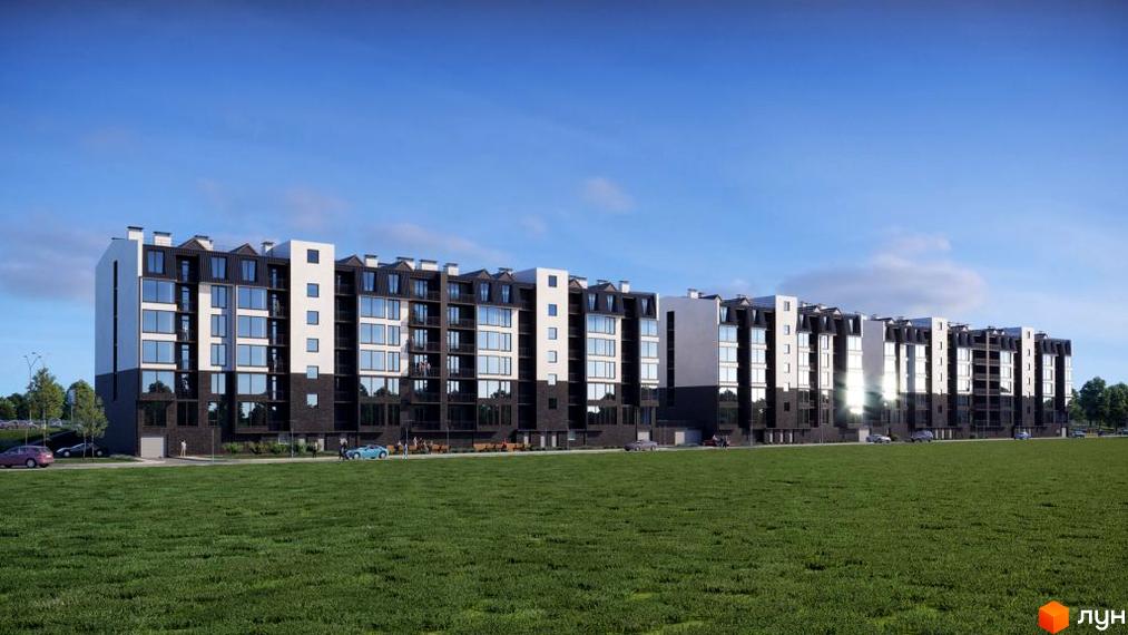 Довгий багатоквартирний будинок Житлового комплексу Q-smart з темним низом та світлим верхом, великими вікнами. Перед ним зелений газон.