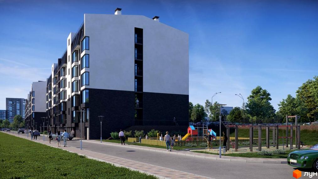 Житловий комплекс Q-smart: багатоквартирні будинки з білими та темними фасадами, поруч дитячий майданчик та зелена зона.