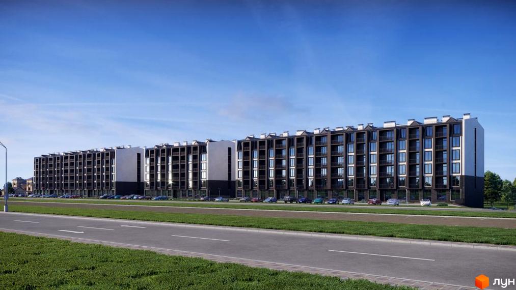 Житловий комплекс Q-smart: довга будівля з темними фасадами, світлими вертикальними вставками та багатьма вікнами. Перед будинком дорога та парковка з автомобілями.