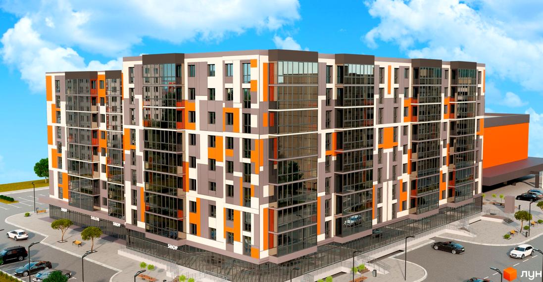 Житловий комплекс Orange City: багатоповерховий будинок з фасадом у сірих, білих та помаранчевих кольорах, оточений парковкою та зеленими насадженнями.