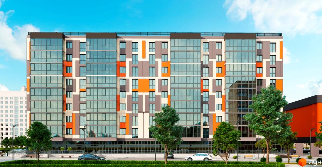 Житловий комплекс Orange City: багатоповерховий будинок з помаранчевими, сірими фасадами та великими вікнами. Навколо зелений газон, дерева, дорога.