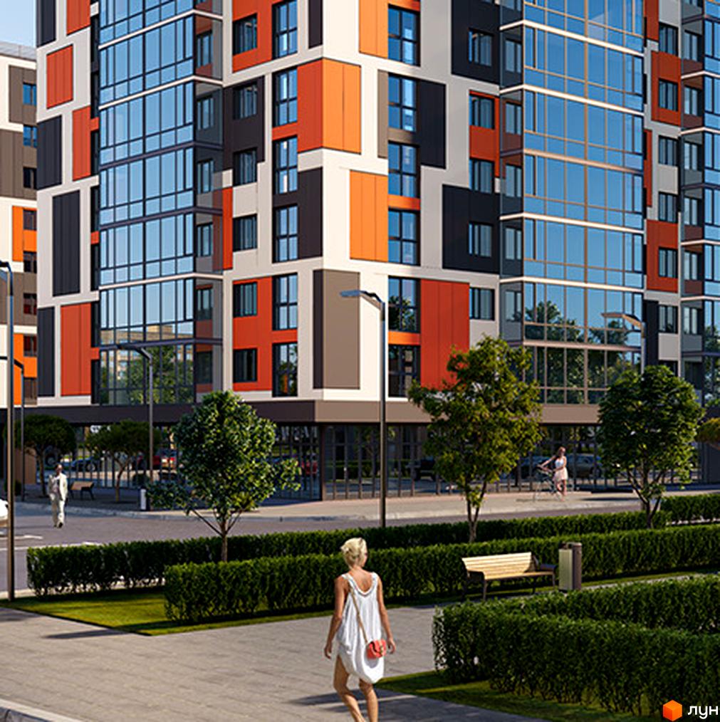 Житловий комплекс Orange City: багатоповерховий будинок з кольоровим фасадом. Прибудинкова територія має зелені насадження, доріжки та лавки.