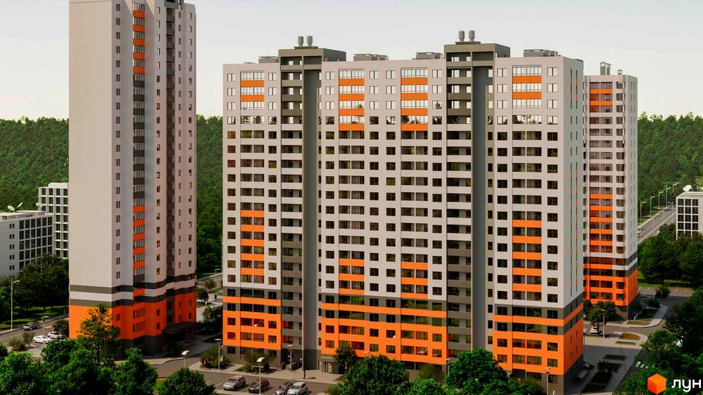 Житловий комплекс на Озерній – це сучасна новобудова з яскравими помаранчевими елементами фасаду та великою кількістю вікон. Навколо комплексу розташовані зелені насадження та дороги з автомобілями.