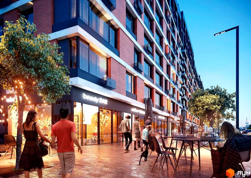 Житловий комплекс Євромісто 2 з фасадами з червоної цегли та великими вікнами. На прибудинковій території розташовані дерева з гірляндами та місця для відпочинку.