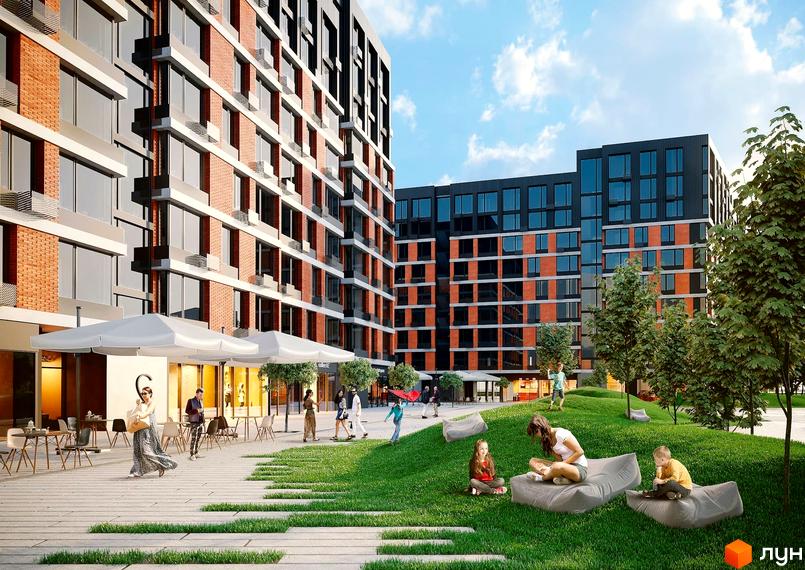 Житловий комплекс Євромісто 2 з цегляним фасадом та великими вікнами, зеленою прибудинковою територією та місцями для відпочинку.